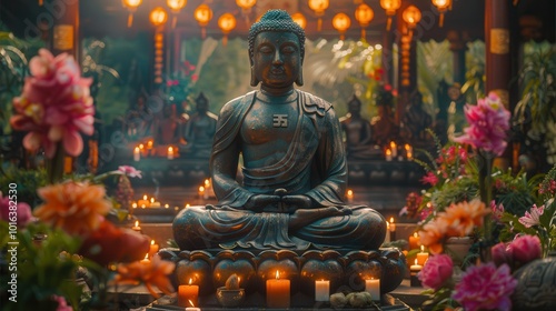 Serene Buddha Statue Amidst Vibrant Floral Decorations