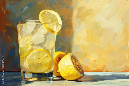Refreshing Lemonade in Glass with Ice and Sliced Lemons on Sunny Day