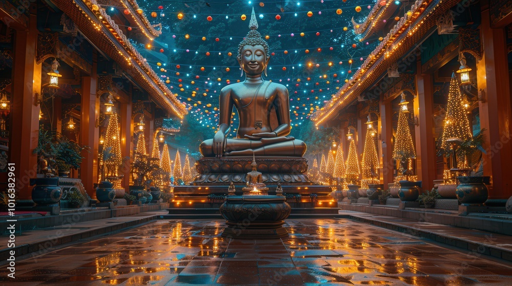 Obraz premium Serene Buddha Statue in Illuminated Temple Setting