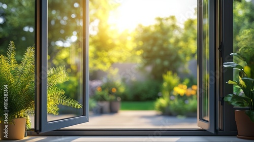 Open window with a view of a lush garden and sunlight streaming through.