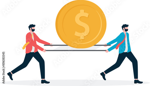 Two businessmen rush to the emergency room on stretchers carrying giant dollars to save or stimulate the economy

