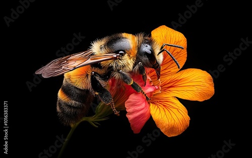 A bee collecting nectar from a vibrant orange flower against a black background. photo