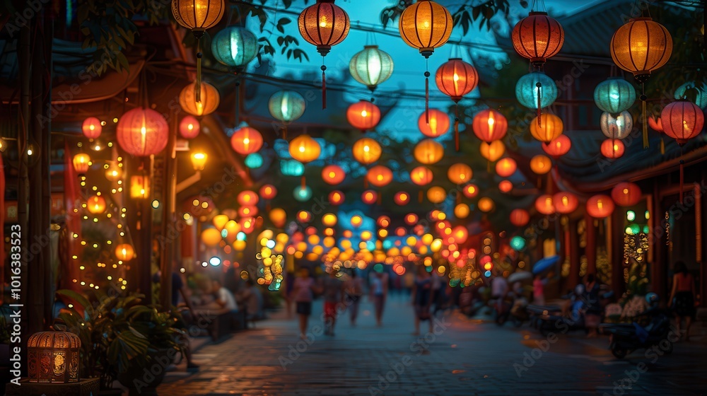 Colorful Lanterns Illuminate a Vibrant Street Scene Colorful Lanterns Illuminate a Vibrant Street Scene