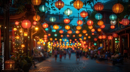 Colorful Lanterns Illuminate a Vibrant Street Scene