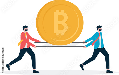 Two businessmen rush to the emergency room on stretchers carrying giant bitcoin to save or stimulate the economy

