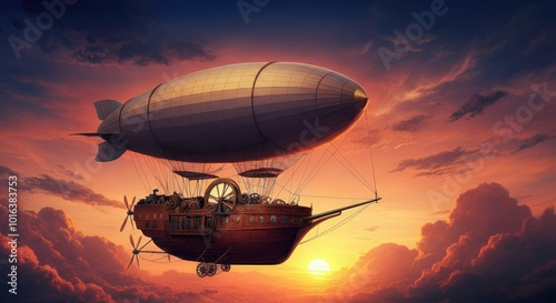 Majestic Steampunk Airship Soaring at Sunset
