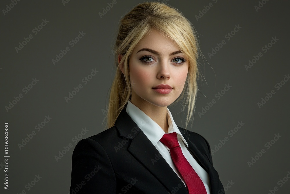 A beautiful woman in a black suit with a red tie, a white shirt, and blonde hair in a ponytail. She has a neutral expression on her face.