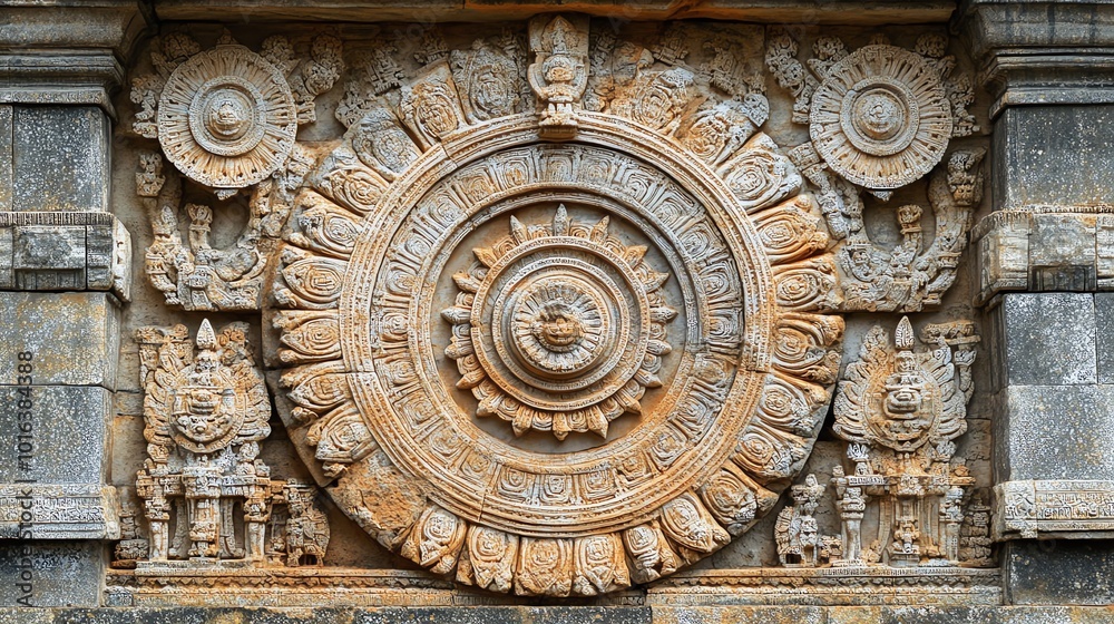 Obraz premium Intricate stone carving of a wheel with a central sun-like figure, surrounded by detailed carvings.