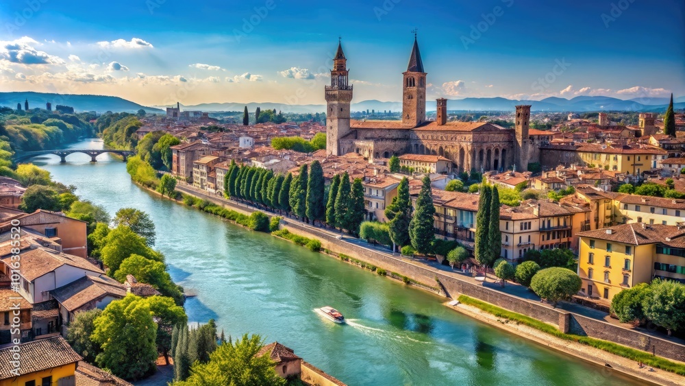 Obraz premium Verona Panoramic View from Bridge on a Summer Sunny Day - Scenic Cityscape Photography
