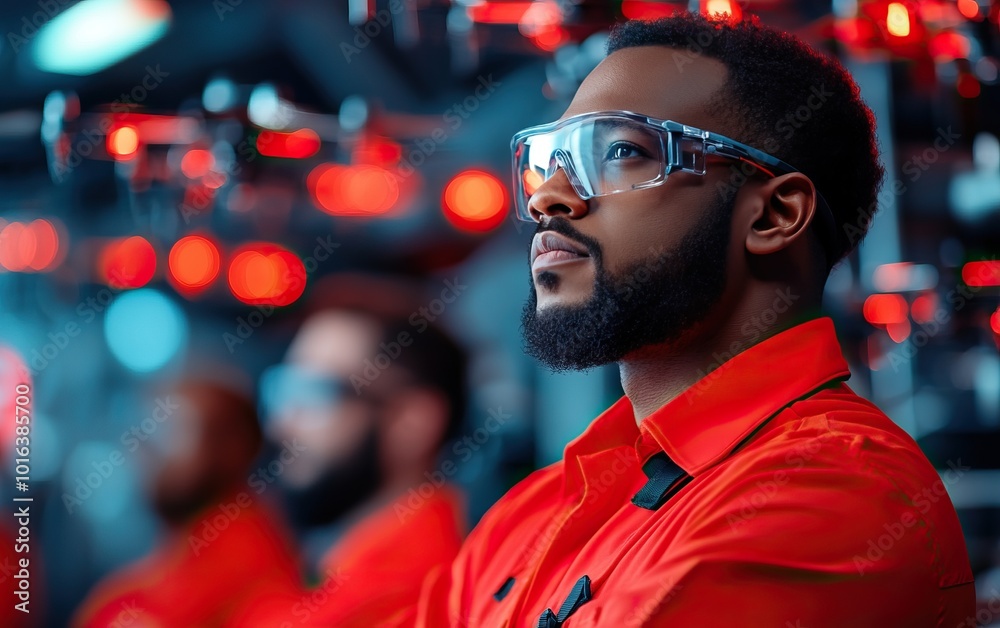Focused technician in safety glasses against a backdrop of advanced technology and red lights. Focused technician in safety glasses against a backdrop of advanced technology and red lights.
