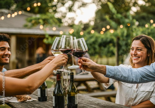 Friends toasting with wine outdoors at relaxed evening gathering