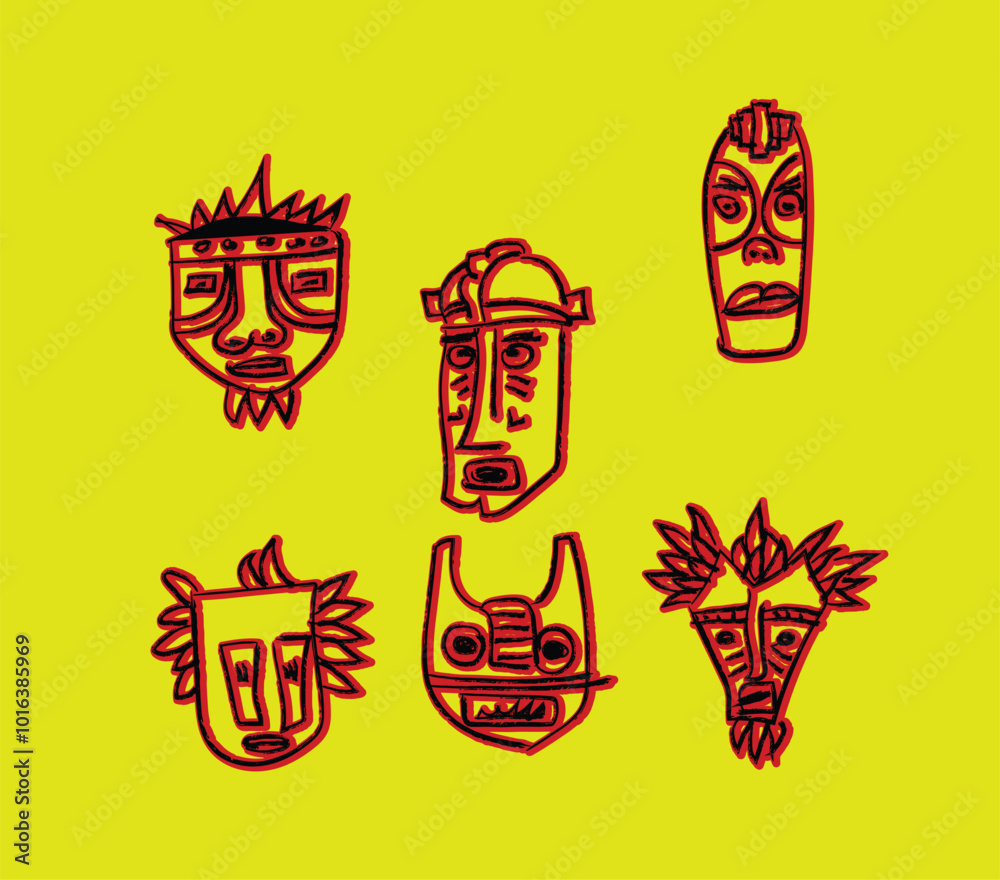 Vibrant tribal masks burst with energy! Bold red outlines on neon yellow background. Perfect for modern ethnic designs, branding, or cultural projects. Instantly eye-catching!