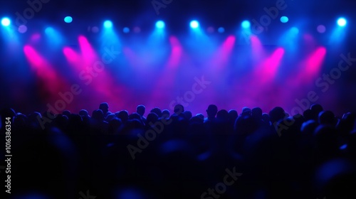 Captures the high-energy vibe of a music concert with a crowd enjoying a spectacular red light show photo