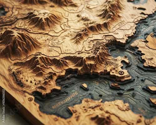 Masterfully carved wooden map showcasing intricate details of mountains and coastlines, highlighting beauty of nature and craftsmanship photo