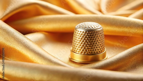 Aerial golden thread spool with thimble on shiny chiffon fabric photo