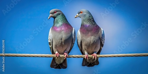 Pair of pigeons cuddling on wire in California