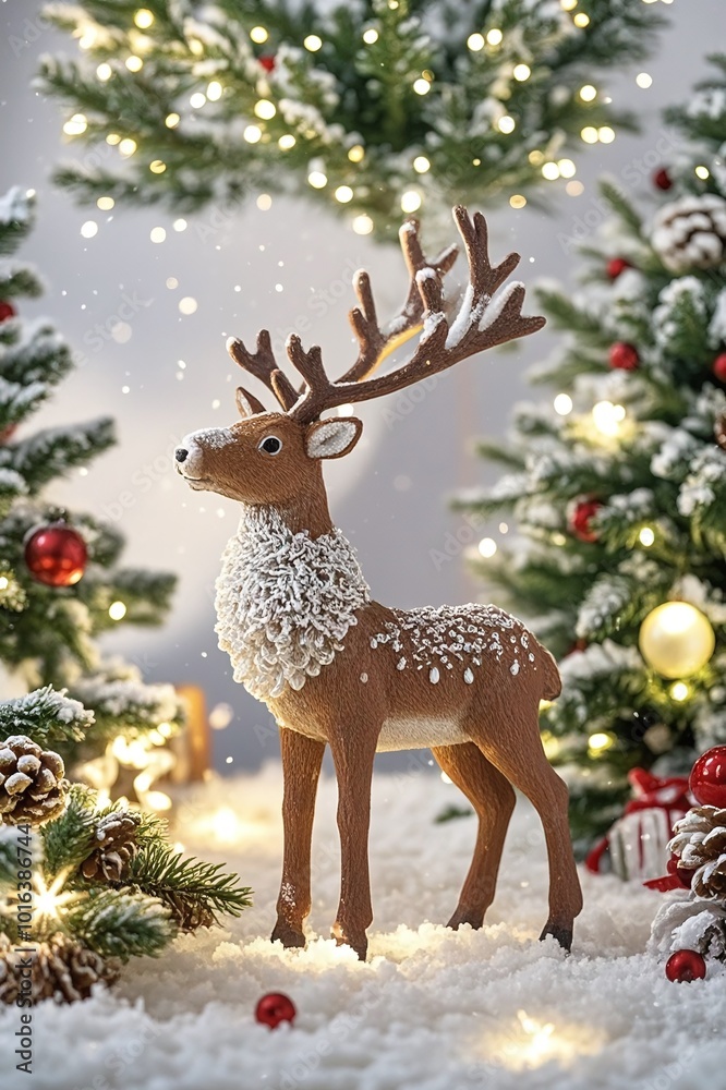 Christmas reindeer ornaments in the snow, including Christmas trees, colorful balls, lights, Christmas atmosphere, and holiday decorations Christmas reindeer ornaments in the snow, including Christmas trees, colorful balls, lights, Christmas atmosphere, and holiday decorations