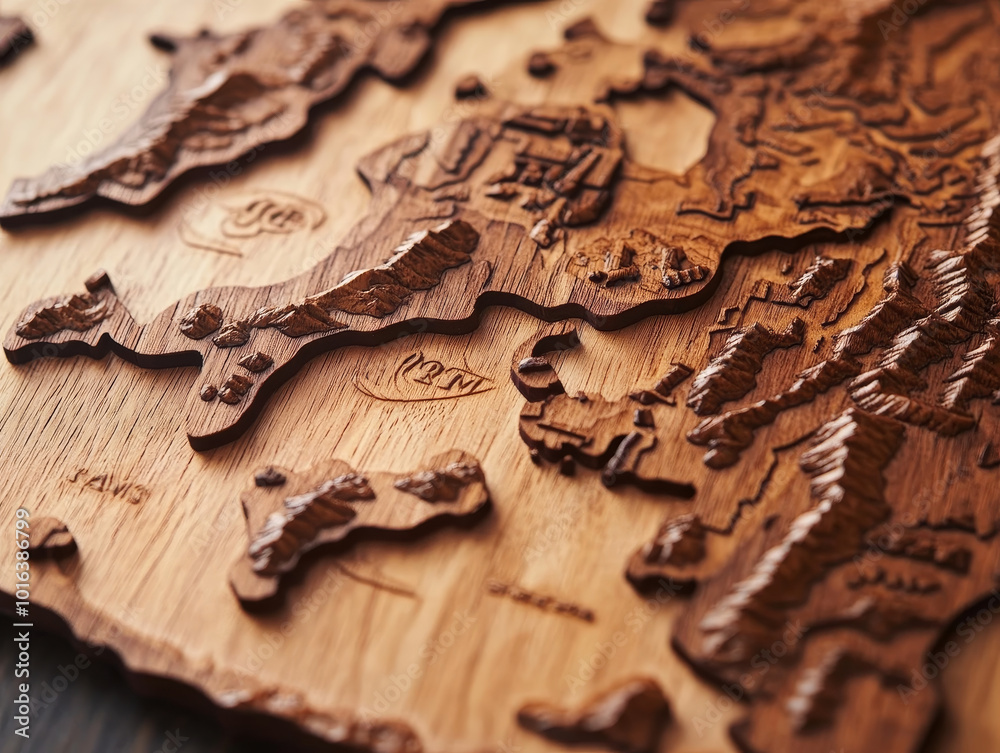Finely carved wooden map showcasing intricate grooves and natural knots, highlighting geographical features with warm, rustic appeal Finely carved wooden map showcasing intricate grooves and natural knots, highlighting geographical features with warm, rustic appeal