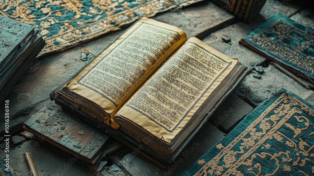 Obraz premium Cartoon-style ancient South Asian religious texts laid out on a rustic floor, intricate patterns around, blank copy space