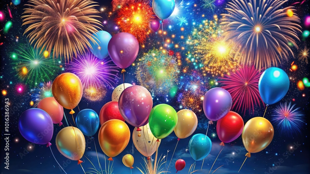 Vibrant and colorful New Year's card featuring confetti, balloons, and fireworks exploding in a burst of joy and celebration against a dark blue night sky. Vibrant and colorful New Year's card featuring confetti, balloons, and fireworks exploding in a burst of joy and celebration against a dark blue night sky.