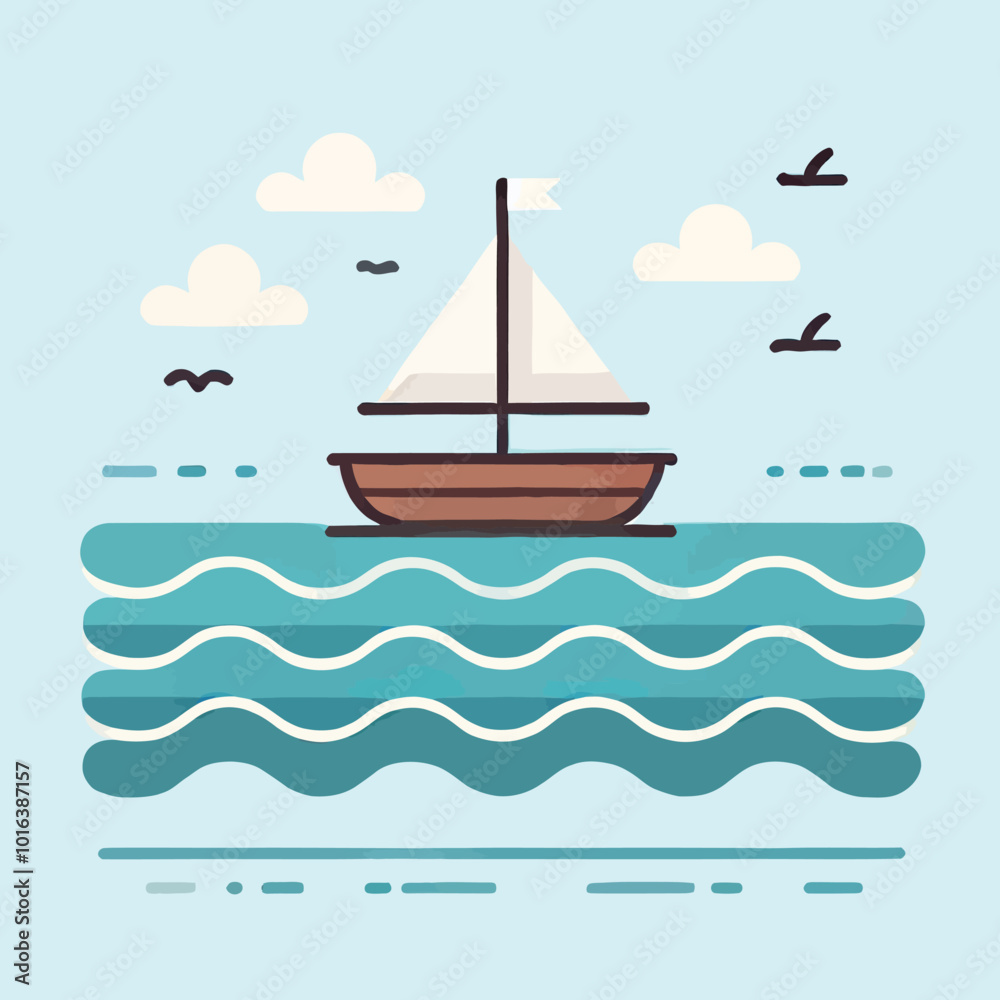 Fototapeta premium illustration of a small boat sailing on calm river waves