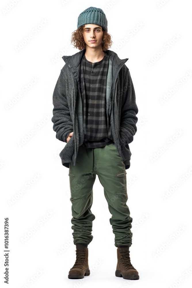 A man wearing beanie footwear jacket adult. A man wearing beanie footwear jacket adult.