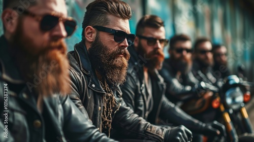 Company of bearded bikers in leather clothes outdoors. Neural network ai generated art