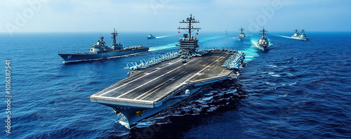 Aerial view of multiple U.S. Navy ships and aircraft in formation, with a deep blue ocean background, cinematic