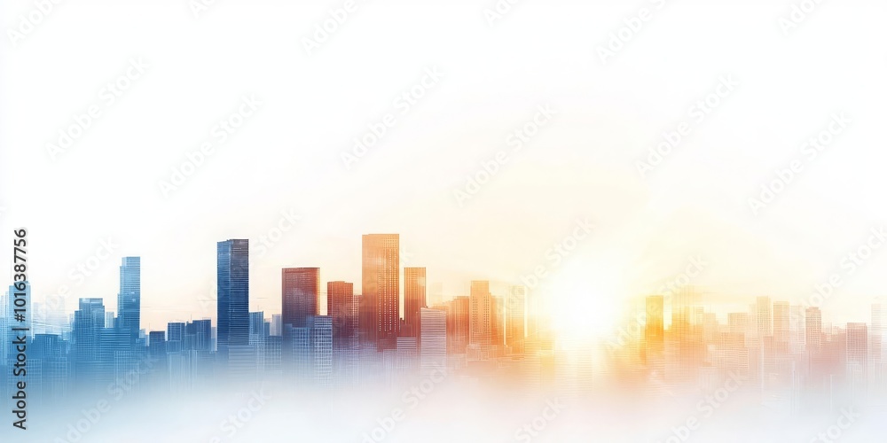 Fototapeta premium City skyline silhouette with sunrise and soft blue haze.