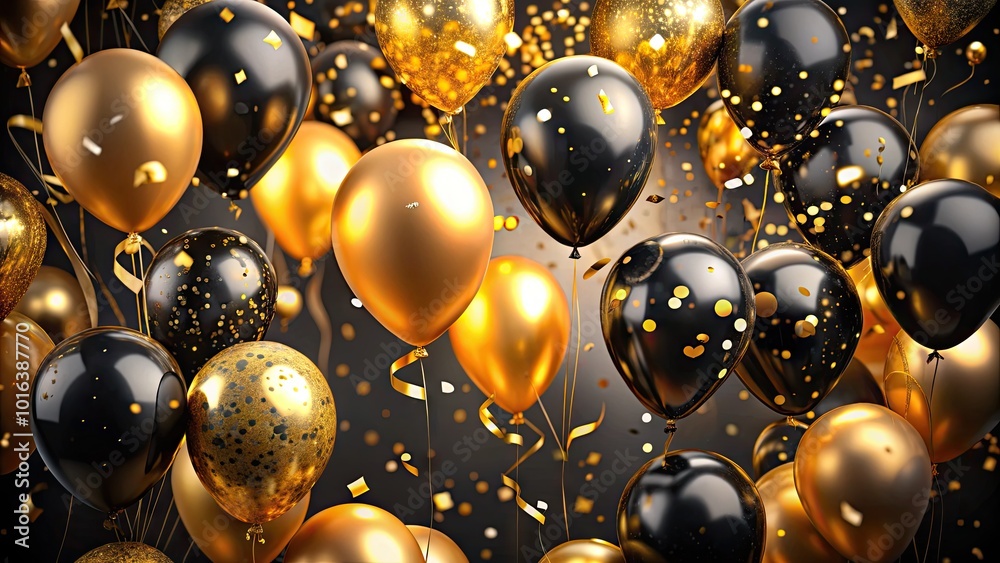 Vibrant black and gold balloons, confetti, and streamers swirl together in a festive celebration of the start of a new year, full of hope and joy.