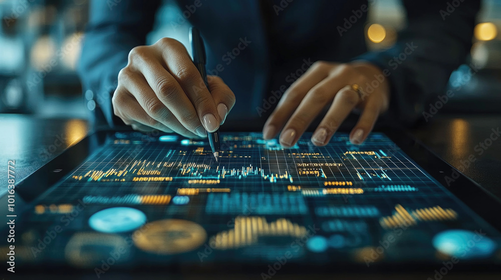 A business professional uses a digital tablet to analyze data trends and financial metrics in a modern office setting during the evening