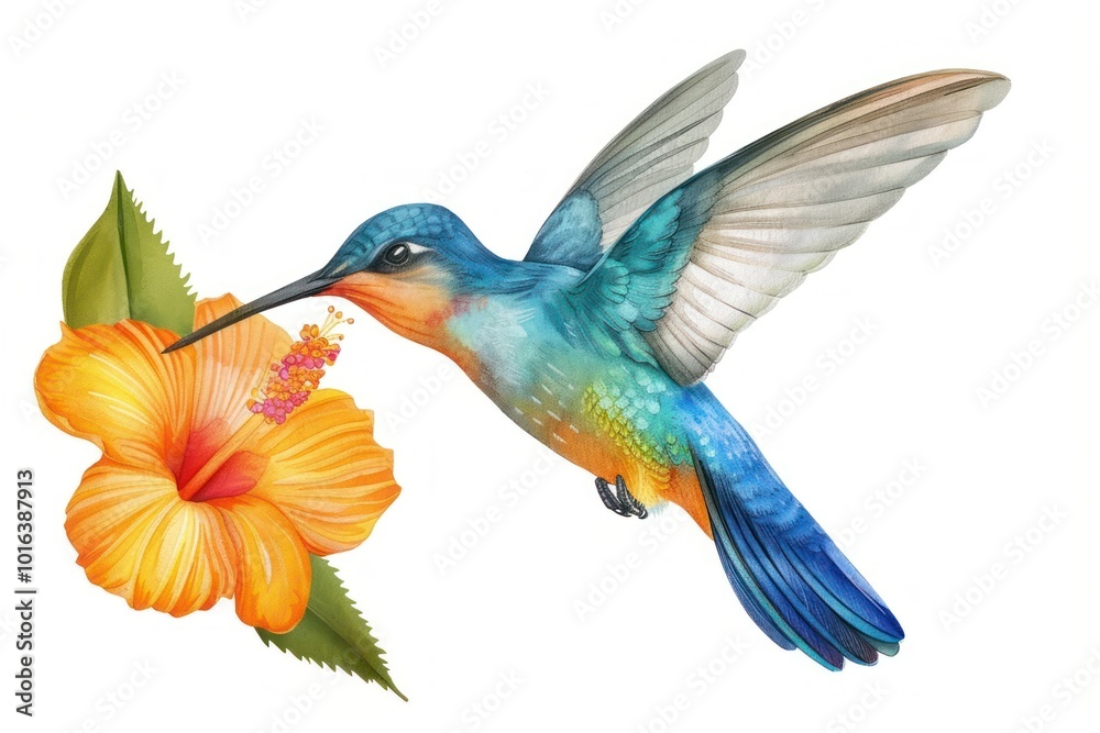 Fototapeta premium Colorful hummingbird with hibiscus