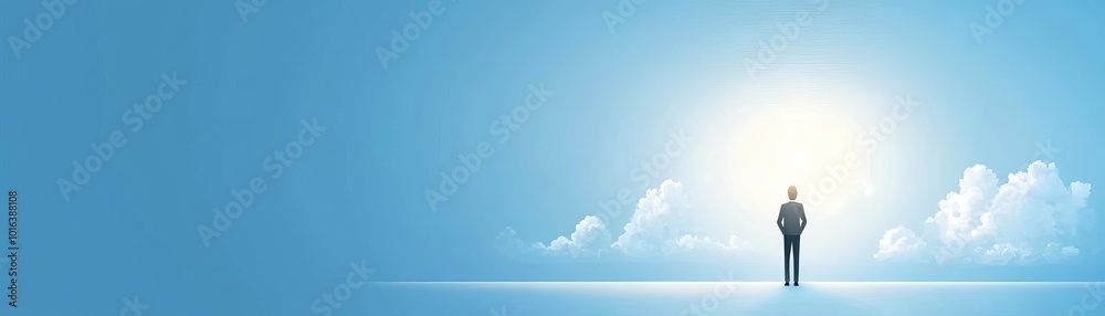 Person standing in a serene landscape with bright blue sky. Person standing in a serene landscape with bright blue sky.