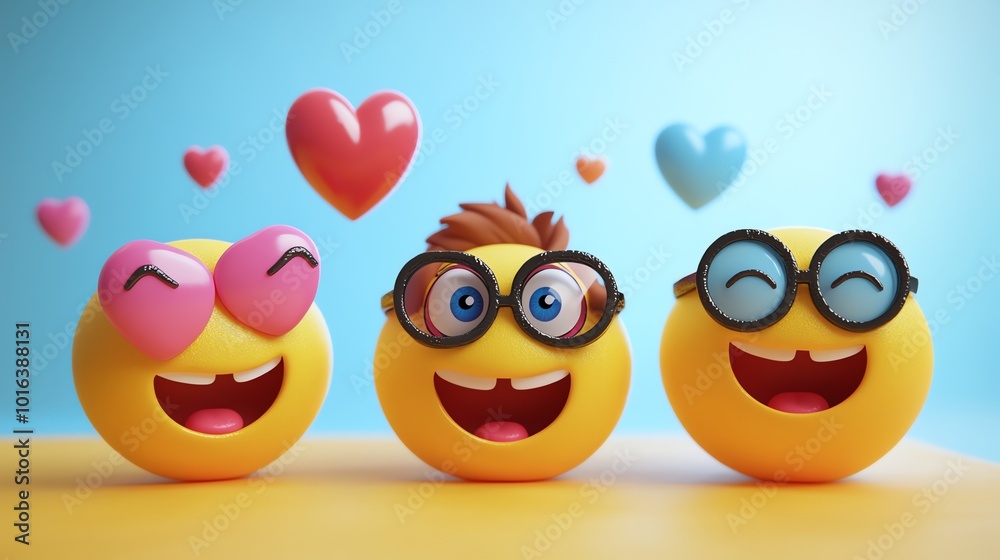 Three 3D emojis on a blue background, showing various expressions. Three 3D emojis on a blue background, showing various expressions.