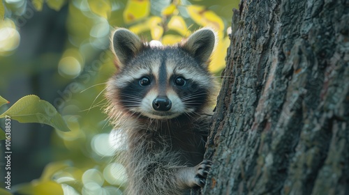 Curious Raccoon Peeking from Behind a Tree