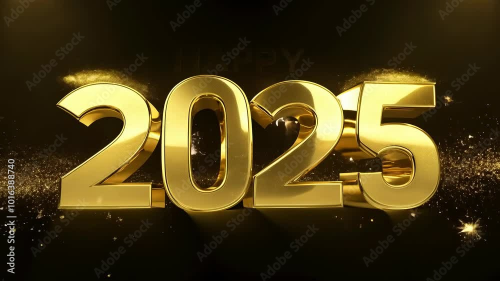 Happy New Year 2025: Golden Text Animation on Black Background with Sparkles Happy New Year 2025: Golden Text Animation on Black Background with Sparkles