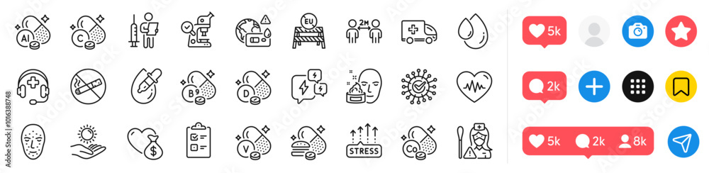 Vitamin d, Eye drops and Medical support line icons pack. Social media icons. Donation, Face cream, Microscope web icon. Cobalt mineral, Coronavirus, Stress grows pictogram. Vector Vitamin d, Eye drops and Medical support line icons pack. Social media icons. Donation, Face cream, Microscope web icon. Cobalt mineral, Coronavirus, Stress grows pictogram. Vector