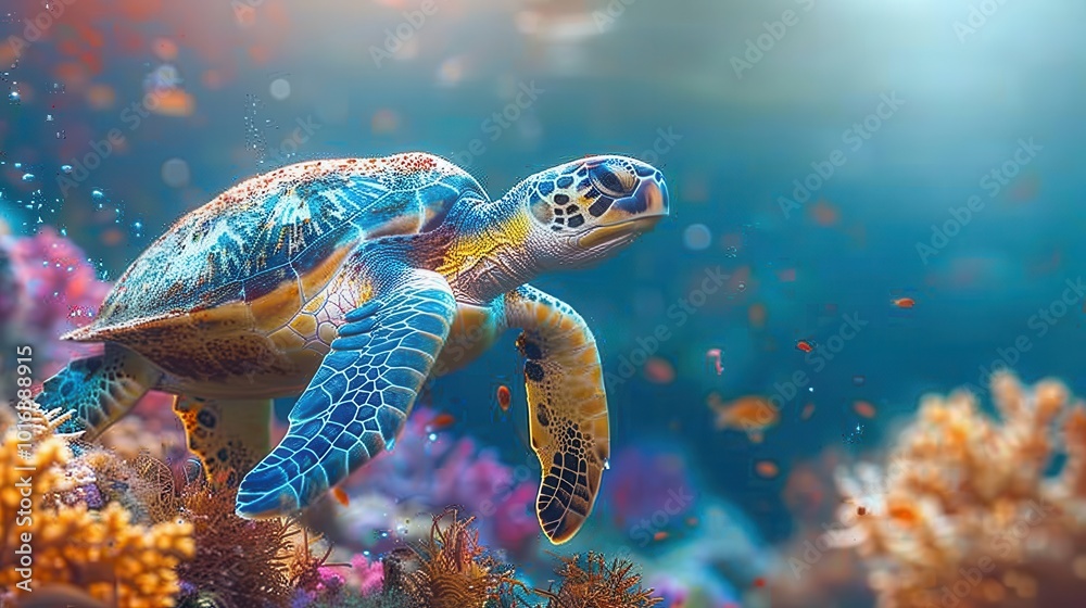 Obraz premium Colorful Sea Turtle Swimming in Vibrant Coral Reef