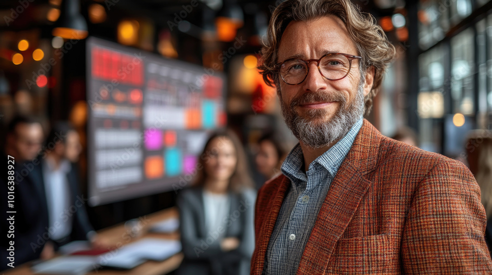 A confident professional stands in a vibrant office, engaging with team members during an innovative brainstorming session filled with ideas A confident professional stands in a vibrant office, engaging with team members during an innovative brainstorming session filled with ideas