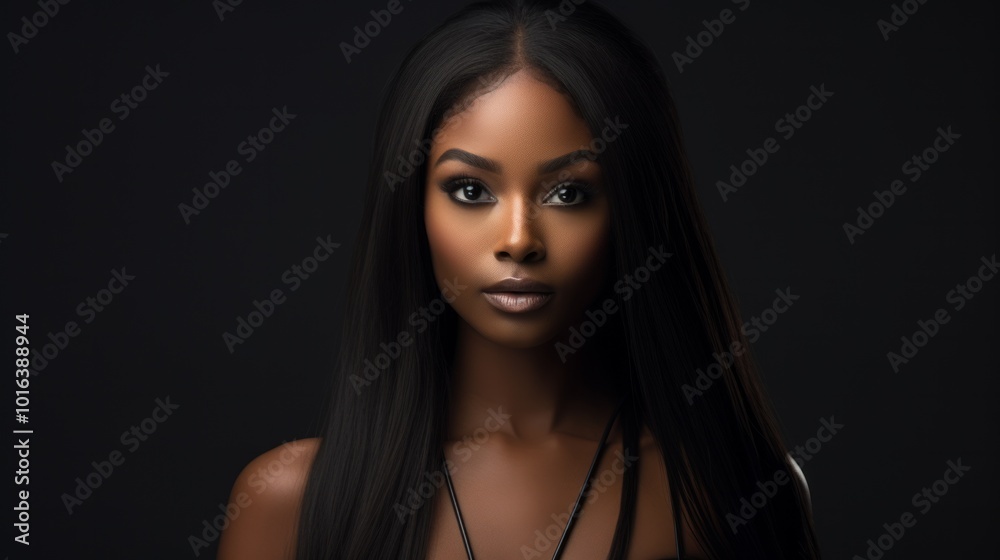 Beautiful black brunette fashion model with perfect hair on black background. Neural network ai generated art Beautiful black brunette fashion model with perfect hair on black background. Neural network ai generated art