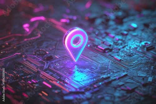 Wallpaper Mural A digital location pin icon floating over an abstract circuit board, glowing with neon blue and purple lights.  Torontodigital.ca