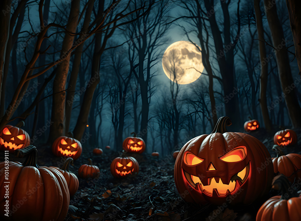 Halloween pumpkins in the night forest. Background with a sinister pumpkin. Gloomy and scary forest at night. Idea for a festive Halloween banner. Halloween pumpkins in the night forest. Background with a sinister pumpkin. Gloomy and scary forest at night. Idea for a festive Halloween banner.