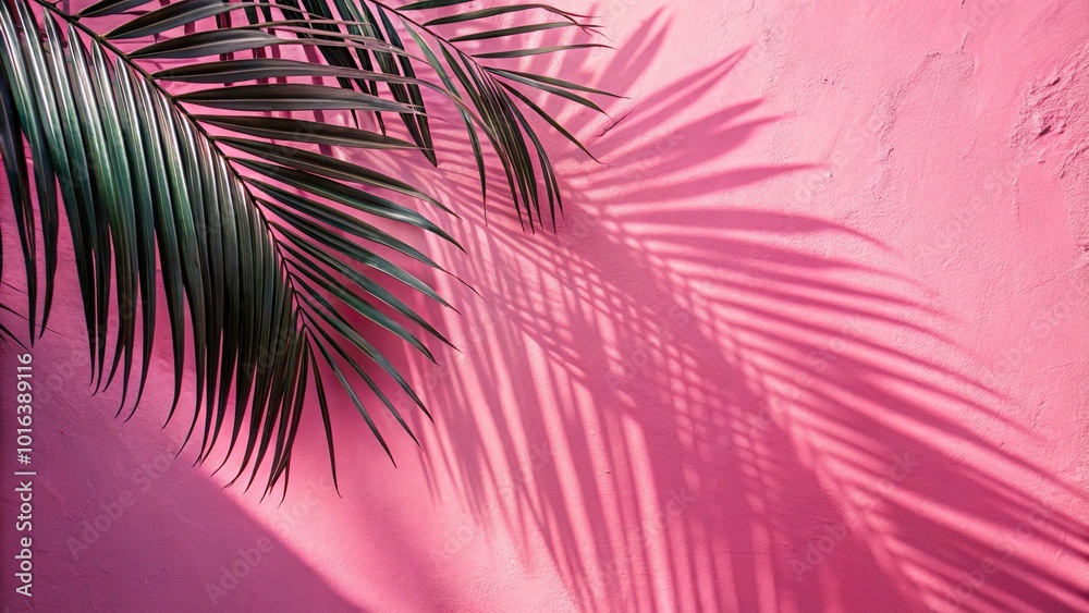Obraz premium Palm leaf shadows casting on pink wall background, medium shot