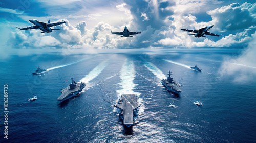 Aerial view of multiple U.S. Navy ships and aircraft in formation, with a deep blue ocean background, cinematic