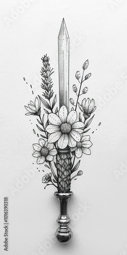 Dagger tattoo with flowers