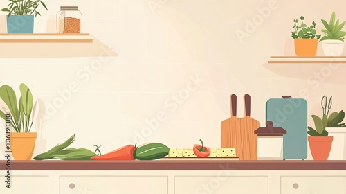 Wallpaper Mural Cartoon-style kitchen with paneer tikka marinating, vegetables, and spices on a countertop, ample copy space Torontodigital.ca