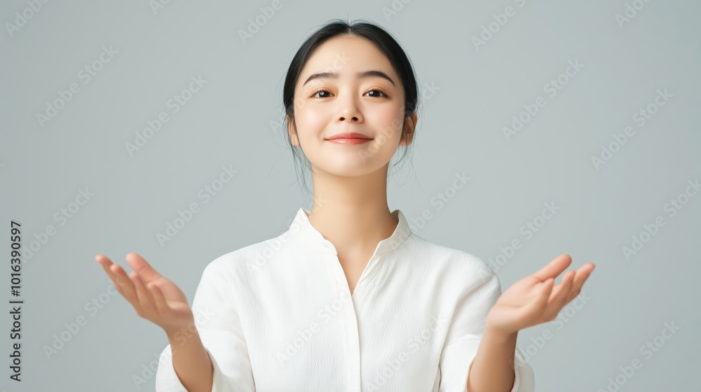 Young woman in a light colored blouse smiles while gesturing with open hands, showcasing a welcoming attitude in a neutral background. Young woman in a light colored blouse smiles while gesturing with open hands, showcasing a welcoming attitude in a neutral background.