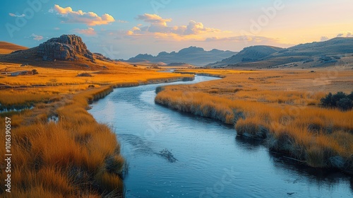 Serenity of Nature at Sunset Over Mountainous Landscape