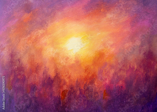 Abstract painting depicting a vibrant and colorful sunset