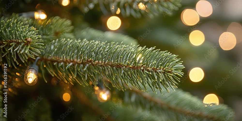 Close-up of Evergreen Tree Branch with Twinkling Lights
